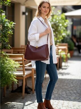 Anthropologie Foldover Slouchy Shoulder Bag Plum Leather Hobo Gold Hardware NWT